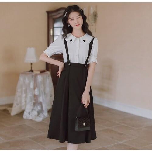 Korean Sweet Retro Two Piece Set Women Summer Black Bow Cute Lace Doll Collar Tops+French Vintage Strap Skirt Set