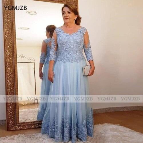 Plus Size Mother of The Bride Dresses A-Line V Neck 3/4 Sleeve Mother Dress For Wedding Applique Lace Tulle Party Mom Dress 2020