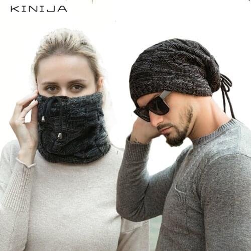 Hat scarf dual purpose set women Autumn Beanies fleece hat Knitted Plush Wool Cap Winter men Outdoor Windproof protect face neck