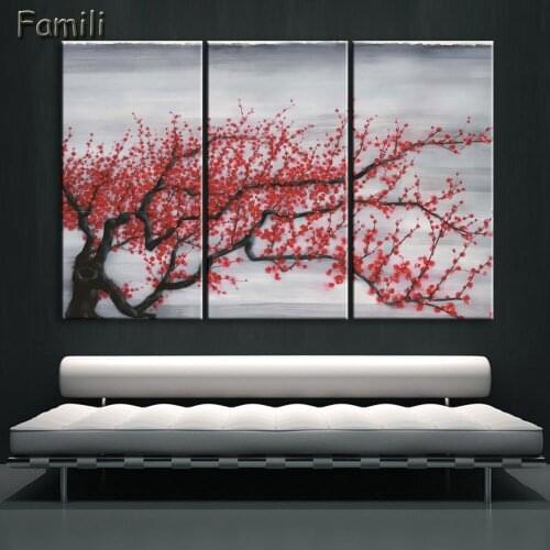 3Panel Print Hand Painted Pink Tree Flower Oil Painting on Canvas Cherry Blossom Chinese Wall Pictures For Living Room