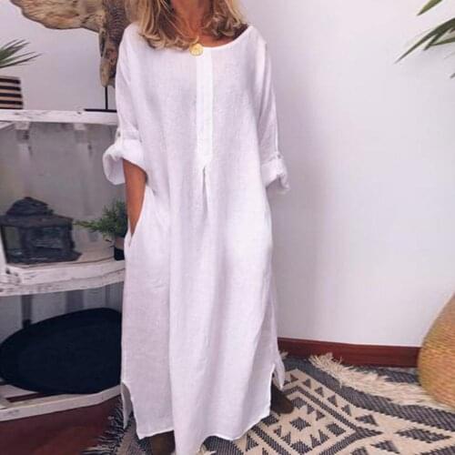 75% Hot Sales!!! Casual Women Solid Color Oversize Maxi Cotton Linen Long Shirt Kaftan Dress