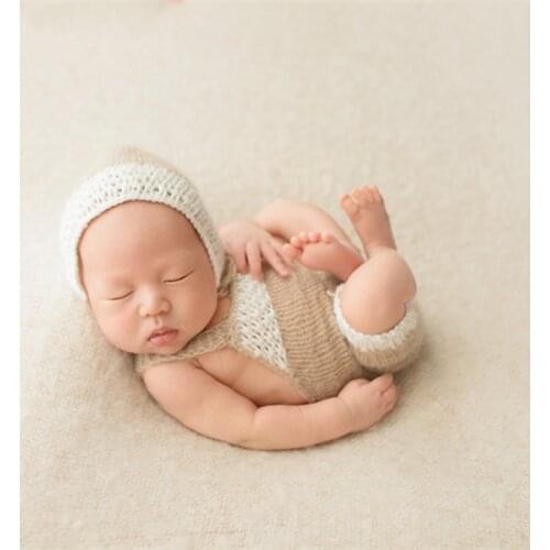 Beige Newborn Photography Bonnet Knitted Baby Jumpsuit Baby Girl Romper Onesie Stretch Fluffy Hat For Newborn Photogrpahy Props