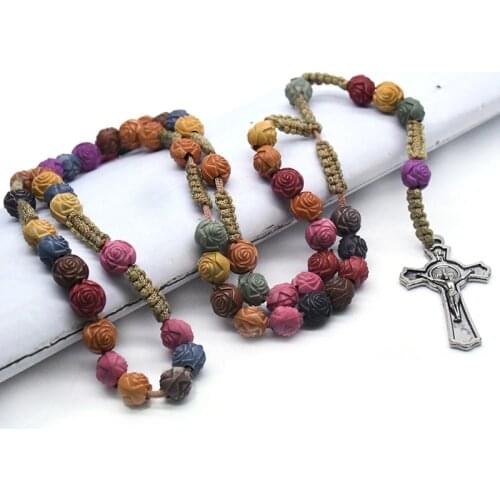 Religious Prayer Short Colorful Rose Beads Chain Catholic Cross Pendants Rosary Necklaces Christ Jesus Church Jewelry