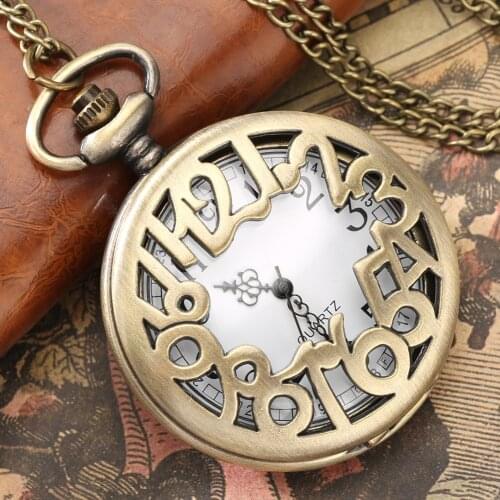 Retro Hollow Digital Alloy Case White Dial Quartz Pocket Watch Women Men Pendant Chain Vintage Watches Gift for Dad Mum Relogios