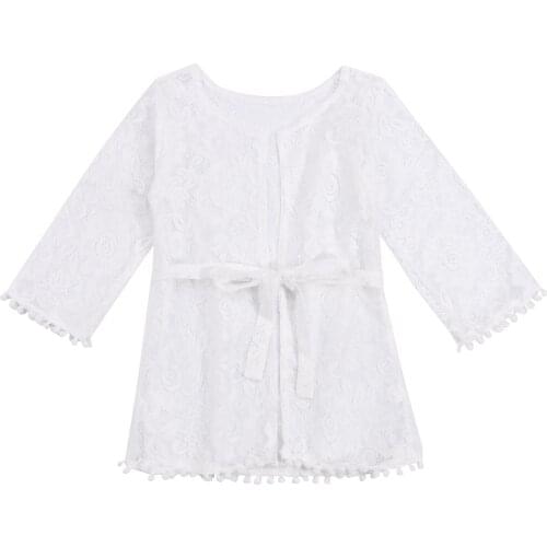 Kids Coat, Summer Lace Floral Round Neck Long Sleeve Smock with Waist Belt for Girls Sun Protect White, 6 Months-5 Years