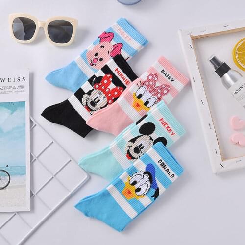 Disney Cartoon Mickey Long Socks Female Middle Tube Cute Japanese Solid Color Cotton Socks Cartoon Student Sports Stockings