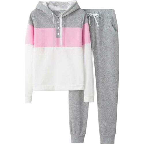Women Tracksuit Hooded Long Sleeved Sportwear Splicing Long Pants Suit