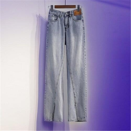 Jeans Womens Spring And Summer New 5XL Solid Color Split Loose Button Zipper High Waist Commuter Slim Denim Straight Trousers
