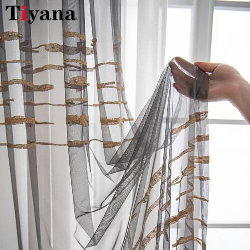 White Tulle Curtain With Golden Embroidery Thread Pearls Tulle for Living Room Finished Window Drapes Grey Stripe Curtain ZH069Y