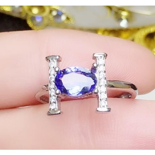 Natural real tanzanite H letter ring Per jewelry Free shipping 5*7mm 0.9ct gemstone 925 sterling silver Fine jewelry T207162