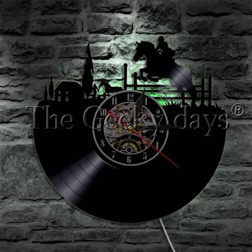 Western Cowboy Horse Riding Vinyl Record Wall Clock Modern Wall Lamp Equestrian Horse Jump Wall Watch LED Night Light
