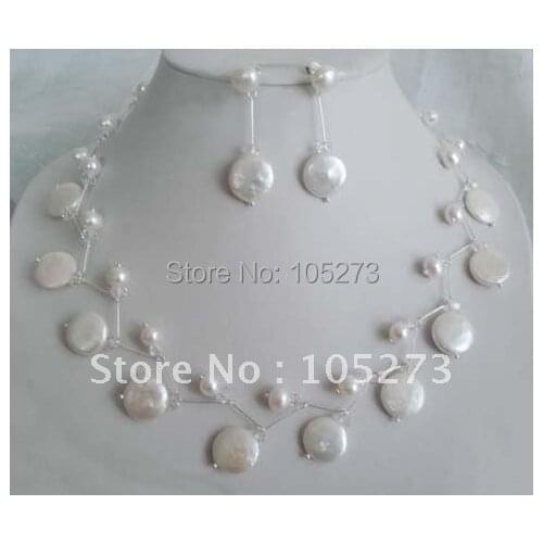Fashion Jewelry Set White Coin Pearl & Freshwater Pearl Necklace Earring Beautiful Pearl Wholesale New Free Shipping FN945