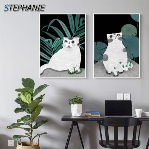 Nordic Green Plant Cat Life Poster N Print Unique Cute Kitten Cat Wall Art Picture for Living Room Abstract Canvas Art Tableaux