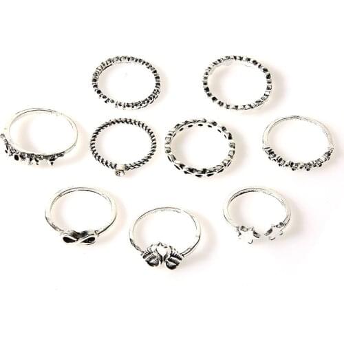 New Bohemian Wings Open Star Heart-Shaped 9 Pcs Set Ring For Women Fashion Exaggerated Alloy 2021 Jewelry Wholesale