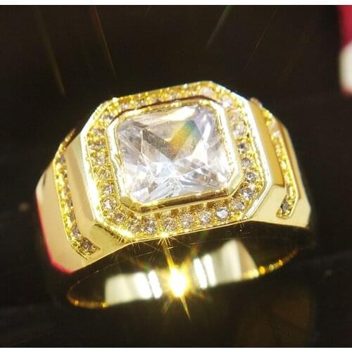 Wedding Rings for Men 18K Gold Princess Cut Big Square Cubic Zirconia Finger Ring Size 8-13