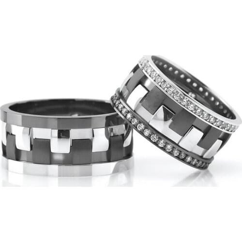 Tesbihane Checkered Design Gray-Black Color 925 Sterling Silver Couple Wedding Rings
