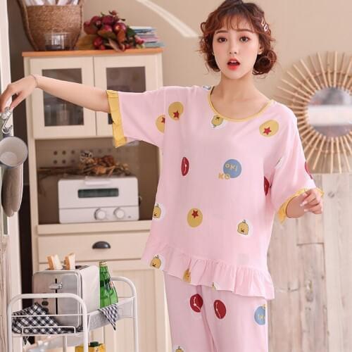 Foply Summer Printed Pajamas Set Women Casual O Neck Short Sleeve Nightwear Homewear Soft Viscose Soft Comfortable Sleepwear