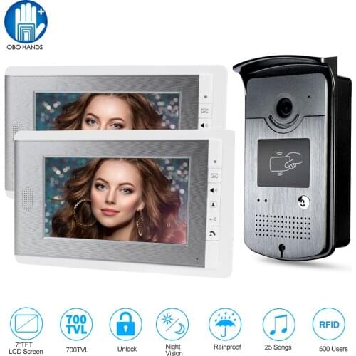 Wired RFID 7'' TFT Color Video Intercom Doorbell System 2 Monitor Video Door Phone Entry Home IR COMS Camera 700TVL 500 Users