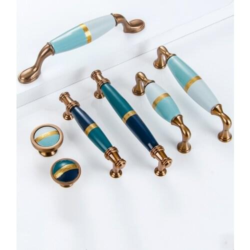 American wardrobe handle door light luxury golden European style handle kitchen cabinet drawer Blue ceramic furniture handle