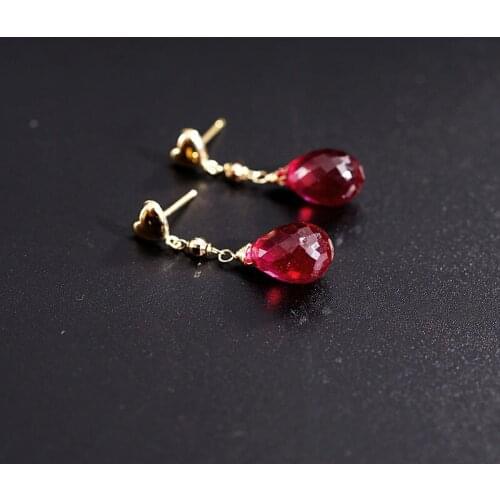 DAIMI 18K Gold Genuine Gemstones Ruby Stud Earrings Simple Genuine Earrings Valentines Day Gift For Girlfriend
