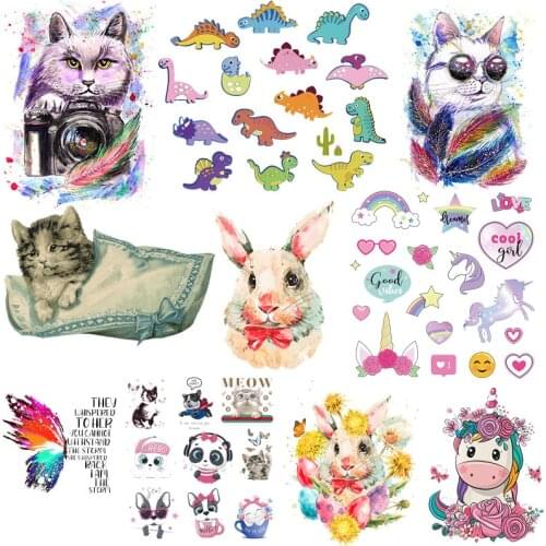 Iron On Cute Animals Patches For Kids Clothing DIY T-shirt Applique Heat Transfer Cartoon Cat/Rabbit Patch Sticker Thermal Press