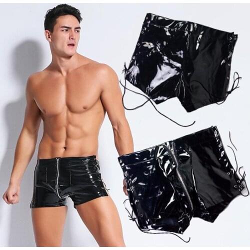 Men Sexy Wet Look PVC Vinyl Shiny Lace Up Side Boxer Brief Erotic Fetish Pole Dance Disco Shorts Underwear Lingerie Outfit