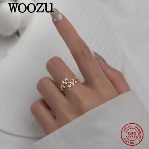 WOOZU Real 925 Sterling Silver Simple Leaves Zircon Adjustable Rings For Women Charming Wedding Korean Sweet Jewelry Gift 2021