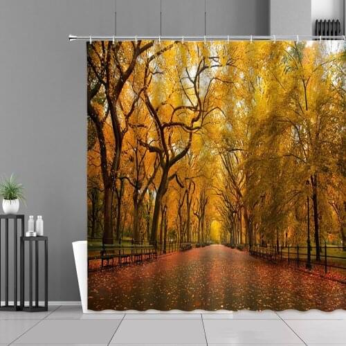 3D Print Golden Autumn Natural Landscape Yellow Woods Boulevard Shower Curtains Polyester Bathtub Screen Bath Curtain Home Decor