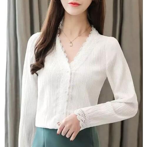 Autumn Women OL shirt long sleeved V collar White Chiffon blouse shirt Patchwork Long sleeve Crochet lace Tops DD2362