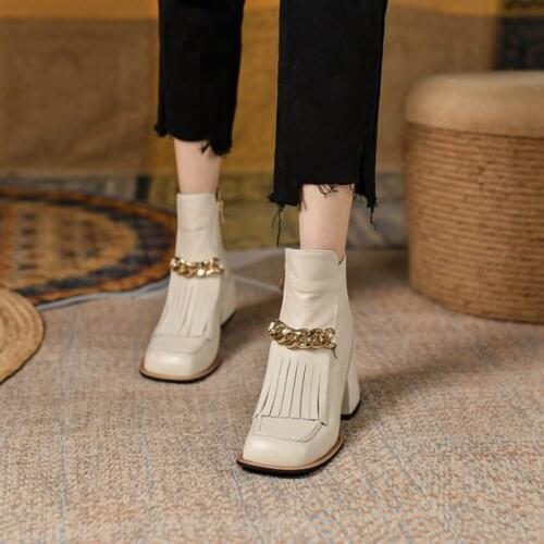 2021 Fall Shoes Women Square Toe Chunky Heel Boots Black Women Boots Cute Shoes Winter Leather Boots Women Tassel Modern Boots