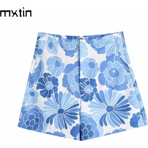 MXTIN 2021 Women Summer Fashion Floarl Print Shorts Vintage High Waist Zipper Back Pockets Female Casual Streetwear Short Pants
