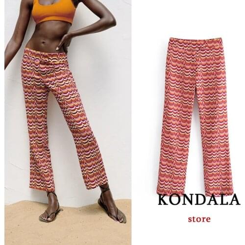 KONDALA Za 2021 Women Chic Geometric Print Pants Vintage High Waist Wide Leg Elegant Trousers Indie Folk Pants