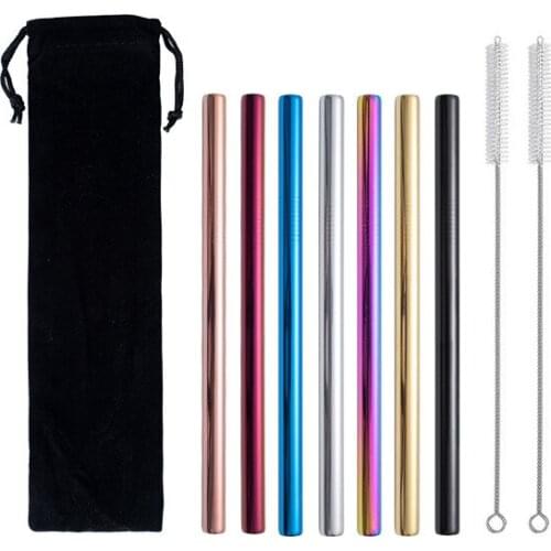 50Set/Lot Wide Straw Reusable Stainless Steel Drinking Straw Metal Straw for Smoothies Tapioca Pearls Milk Tea + Cleaning Brush