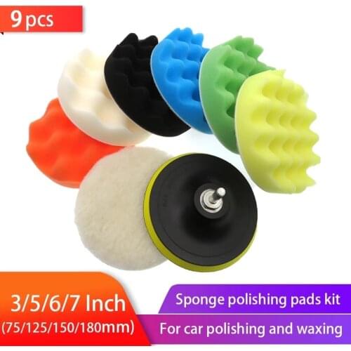 ATPRO 9pcs 3/4/5/6/7 Inch Multifunction Wave Sponge Ball Car Polishing Beauty Tools Self-adhesive Waxing Wool Wheel Set Kits