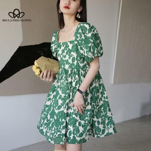 Bella 2021 New Vintage Boho Dresses Women Elegant Kawaii Short Sleeve Sweet Floral Dresses Women Casual Loose Party Dress Summer
