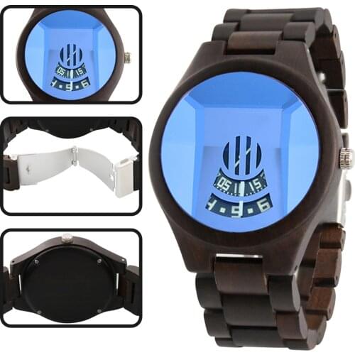 Solid Wooden Watch Turntable Number Display Blue Dial for Men Quartz Clock Casual Hand Made Wood Wristwatch relogio masculino