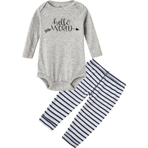 Hello-World 2Pcs Newborn Infant Baby Boy Clothes Romper Shirt Pants Pajamas Outfit Set Classic Stripe Clothes Set