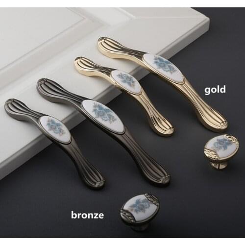 96mm 128mm Retro rural blue flower ceramic kitchen cabinet cupboard door handle fashion gold dresser drawer knob pull bronze 5"