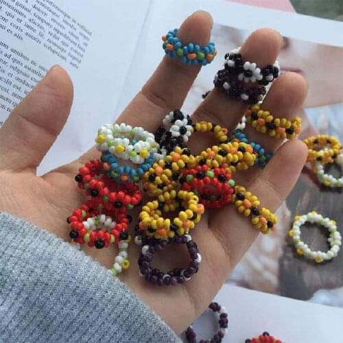 Seed Bead Ring Daisy Flower Dainty Rings for Women Handmade Stackable Beads Colorful Rainbow Jewelry Party Travel Gift Wholesale