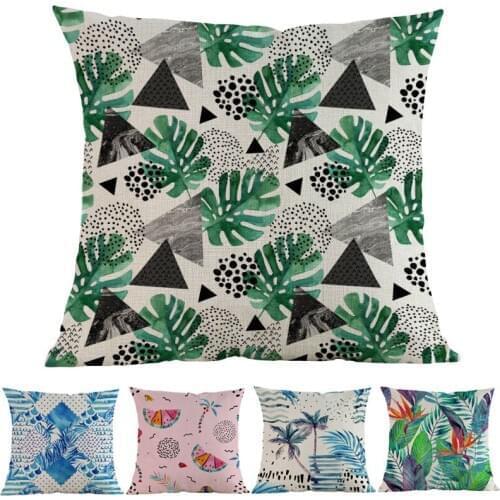 Memphis Style Tropical Rain Forest Plant Leaves Geometric Dot Line Linen Pattern Pillow Case Home Sofa Decoration Cushion Cover