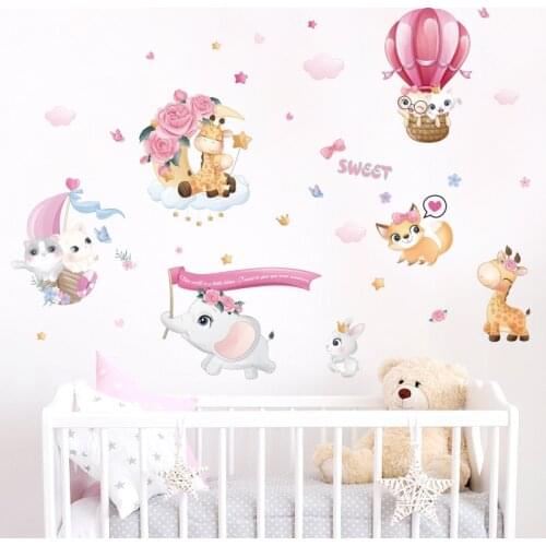 Sweet Animals Wall Stickers Children Kids room Wall Decor Rabbit Hot air balloon Vinyl Decals Home Decor Vinyl Sticker Murals