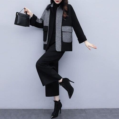 Single Piece /Set New Style Autumn Winter Woolen Cloth Ladies Two-Piece Suit Grid Top + Woolen Cloth Wide Leg Pants Suit Women