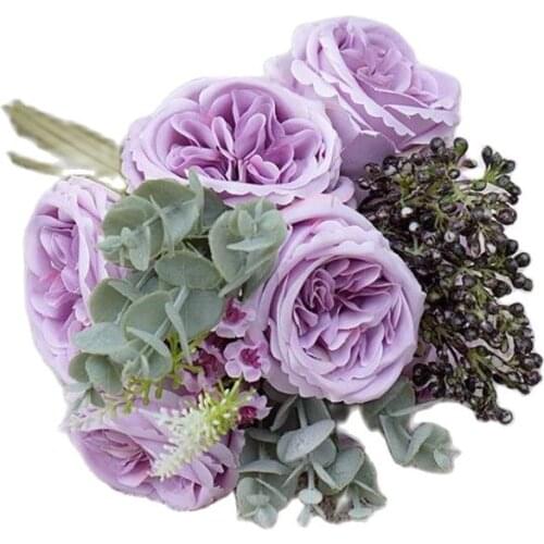 Fake Austin Rose Bridal Bouquet 11" Length Pink/White/Purple Color Simultaion Round Roses for Wedding Centerpiece