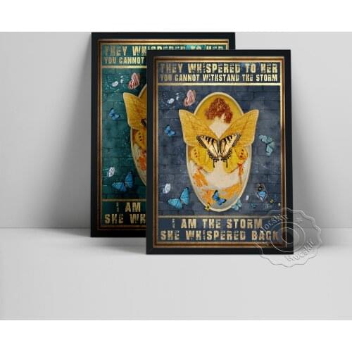 They Whispered To Her You Cannot Withstand The Storm Poster, Nude Girl Butterfly Prints, Vintage Motivational Text Wall Stickers