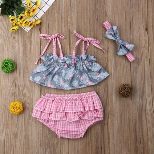 0-24M Cute Newborn Baby Girl Sleeveless Strap Tank Tops Pink Plaid Tutu Ruffles Shorts Baby Bloomers Headband 3PCS Clothes Set