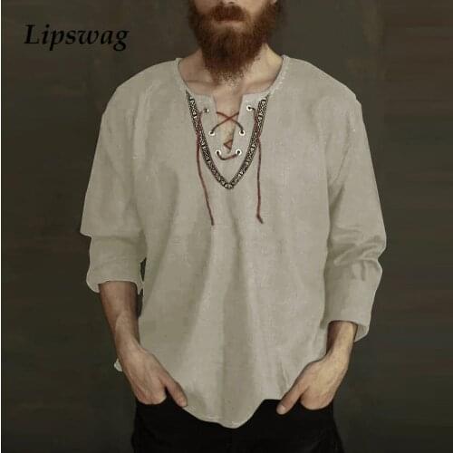 Autumn Casual Mens Cotton Linen Shirts Vintage V-Neck Drawstring Pullover Tops Fashion Loose Long Sleeve Shirt Men Streetwear