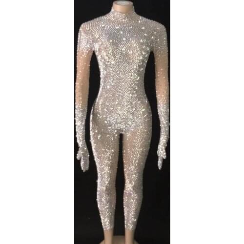 Silver Rhinestones Gloves Jumpsuit Transparent Mesh Stones Bodysuit Pants Birthday Celebrate Outfit Evening Sexy Dance Costumes