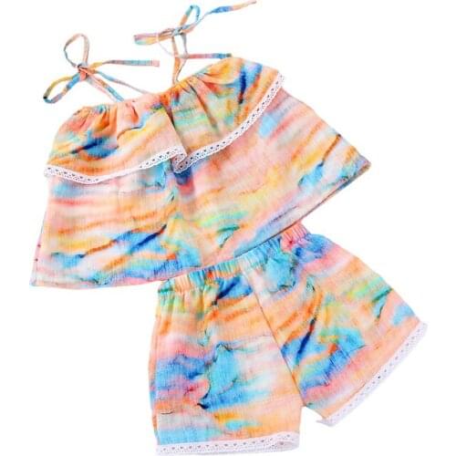 Baby Girls Printed Clothes Set Sleeveless Sling Tops with Lace + Elastic Waist Short Pants