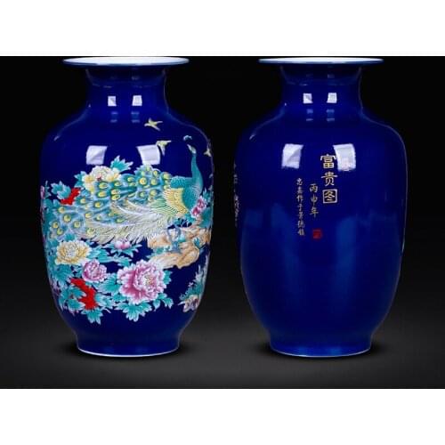 New Arrival Modern Ceramic Flower Vase Glaze Blue Peony flower Lotus Peacock Handpaint Porcelain Tabletop Vase