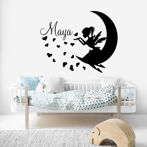 Moon Fairy Wall Stickers Cartoon Custom Name Vinyl Wall Decals Home Decoration For Nursery Children Bedroom Playing Room Z235